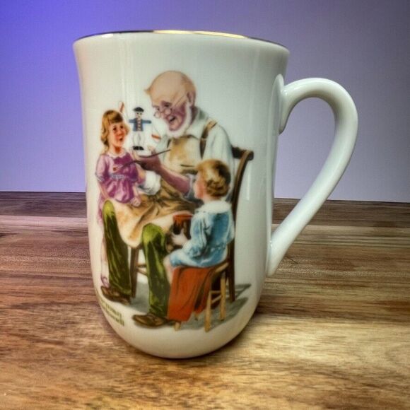 Norman Rockwell Museum VTG 1982 Toymaker Mug Grandma Gift Gold Rim 8oz Nostolgia - Picture 1 of 10